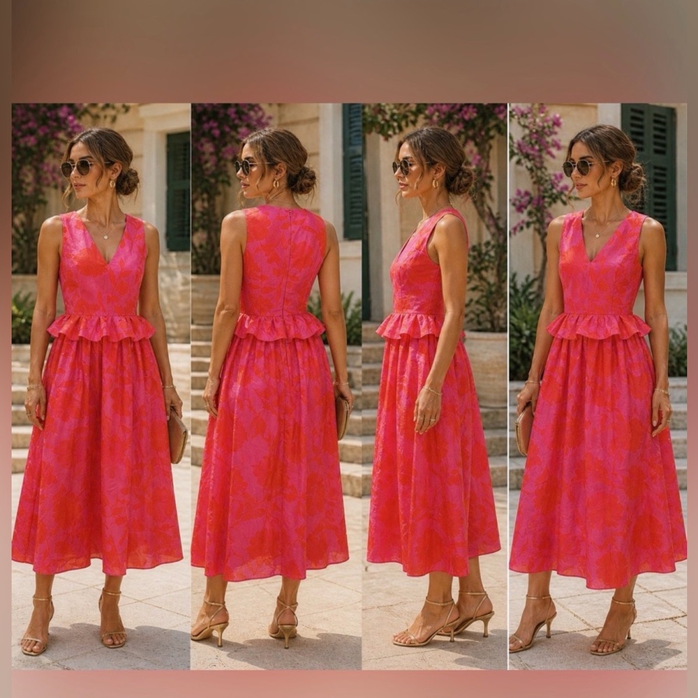 Kate Spade Classic Rose Floral Pink V-Neck Peplum Midi Dress